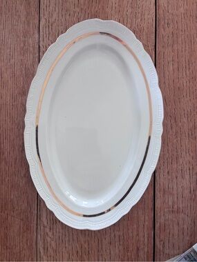 White Ceramic Oval Serving Platter with Gold Accent